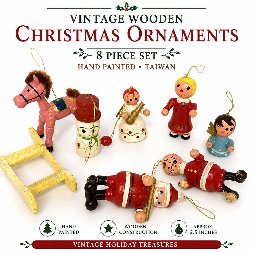 8pc Vintage Wooden Christmas Ornaments Hand Painted Santa‎ Snowman Horse Taiwan